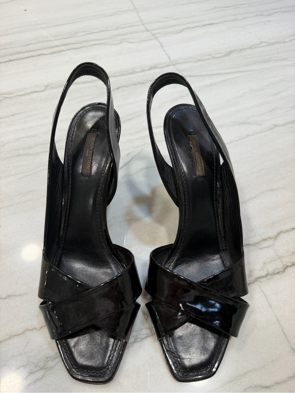 Louis Vuitton Black Patent Cross-Strap Slingback Heels